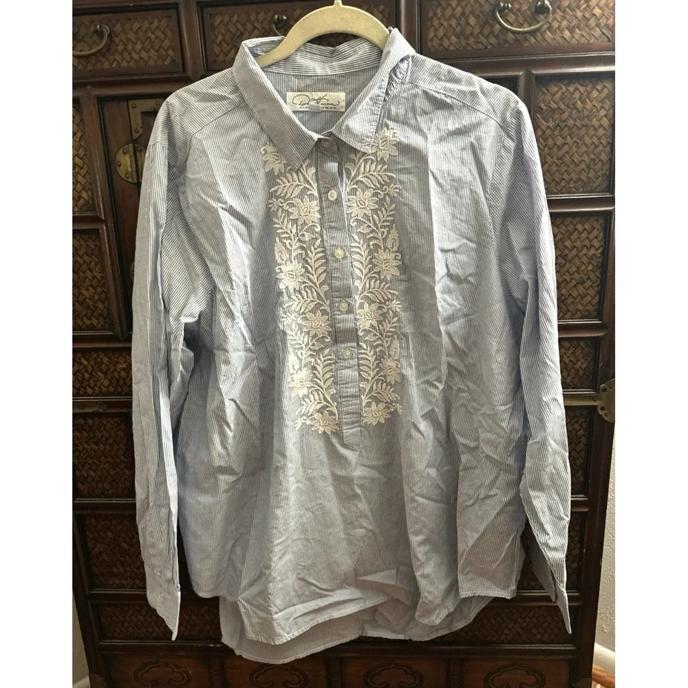 Women's Blouse Blue‎ White Stripe Long Sleeve 100% Cotton Floral Embroidery XL